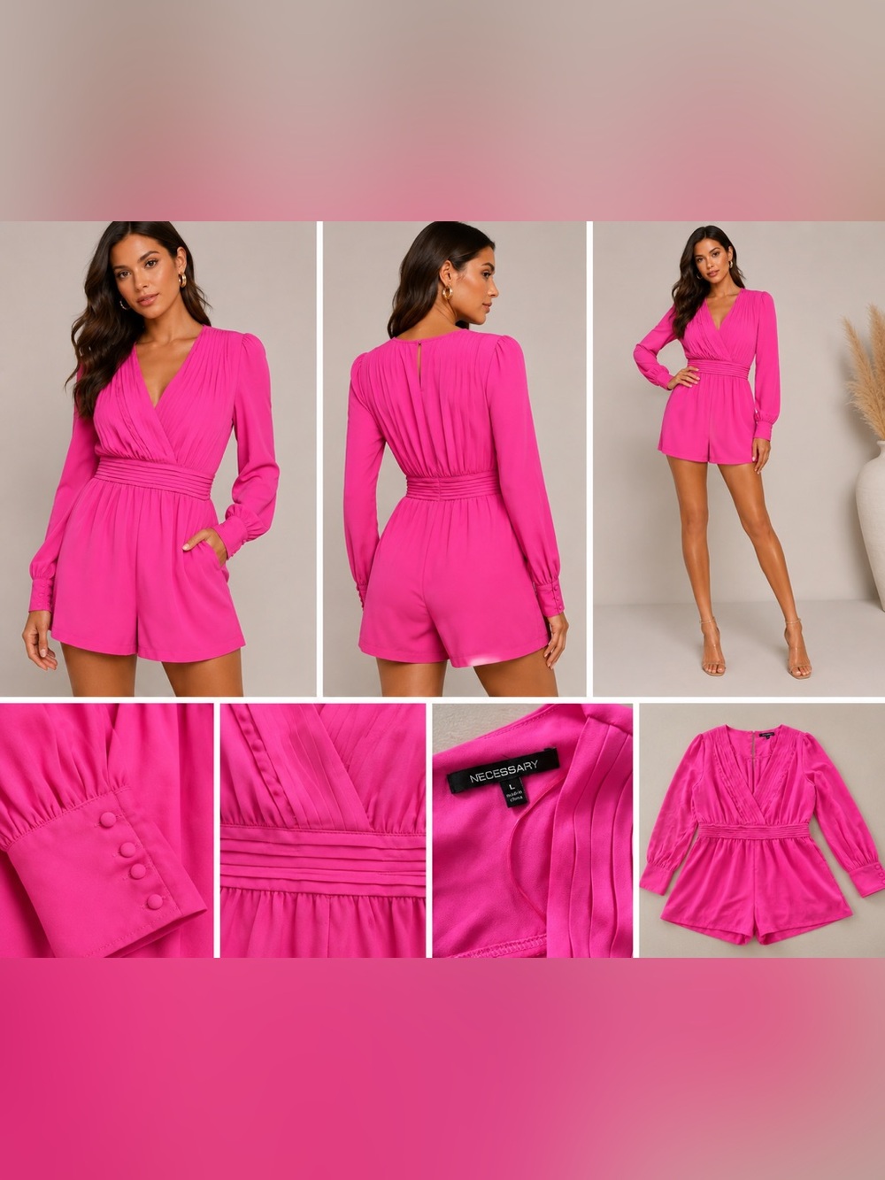 Necessary Clothing Hot Pink Pleated Long Sleeve Romper Size L
